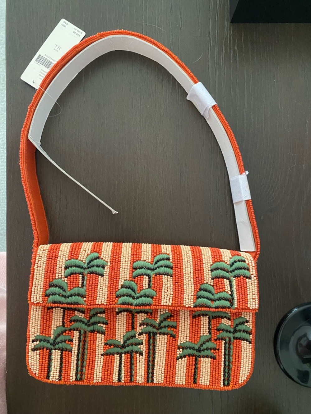 Anthropologie Beaded Palm Motif Shoulder Bag in Orange and Green Fiona